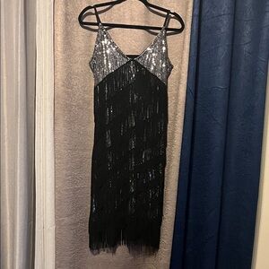 Black and Silver Fringe Flapper Dress